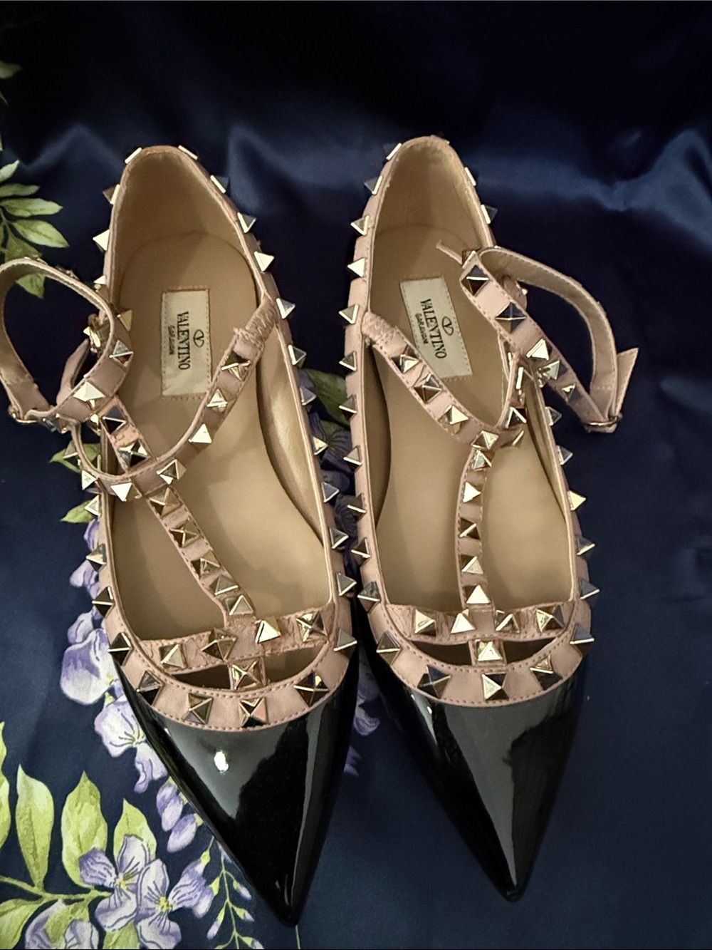 Valentino Studded Pointed-Toe Ankle Strap Flats in Black and Nude